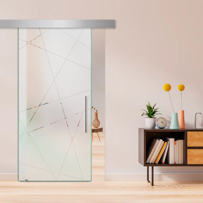 Porte de grange coulissante en verre sans cadre avec design moderne givré + ensemble de quincaillerie (semi-privée)