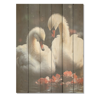 Swans Romantic Portrait I - Swans Wood Art On Natural Pine Wood
