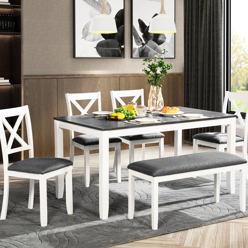 6 repas pour 6 personnes, gris et blanc, structure en bois cintré, plateau chauffant, sièges confortables, 6 tables rectangulaires avec banc, couleur blanche, fabrication ergonomique en forme de X, facile à assembler