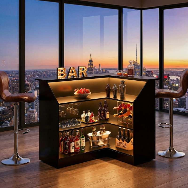 Burnes L-Shaped 4-Tier Wood Bar Cabinet with Stemware Racks, Black