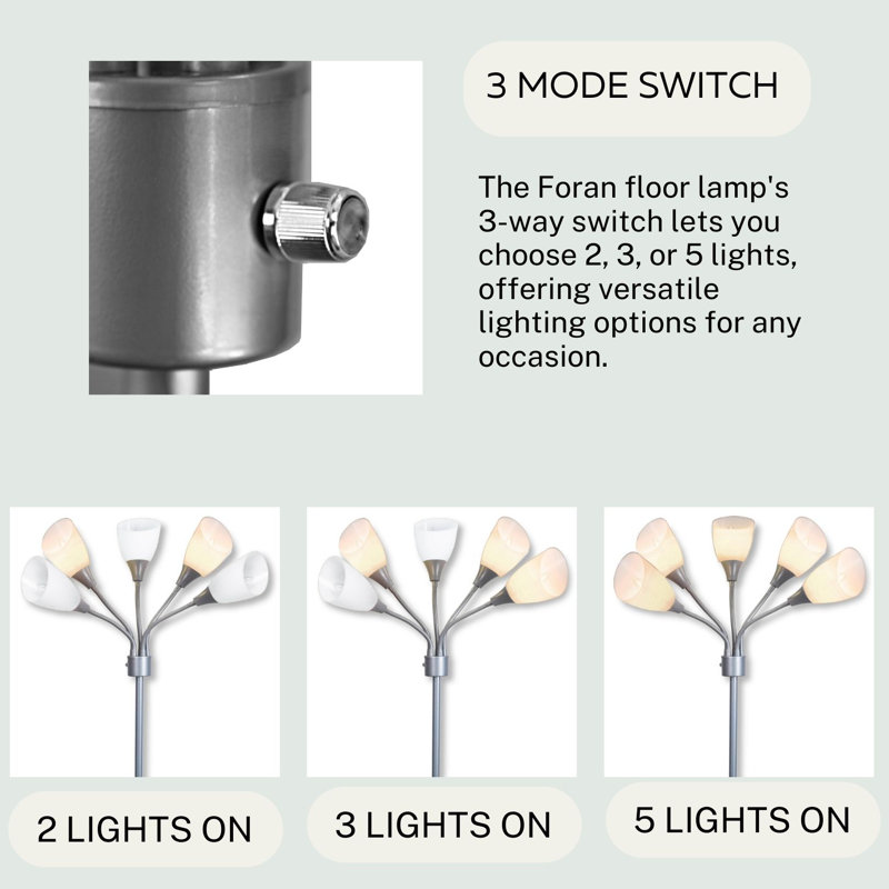 Foran 5 Light Adjustable Floor Lamp - Modern Design in Black or Grey Finish - 16" L x 16" W x 69" H, Black