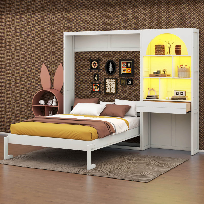 Lit escamotable avec armoire arquée, DEL intégrée, tiroir, cadre de lit mural pliable, plusieurs compartiments de présentation ouverts