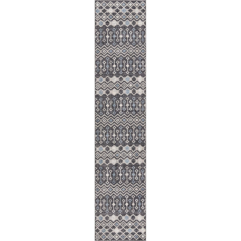 Tapis abstrait gris anthracite / bleu clair, Tapis de couloir 2 pi 7 po x 12 pi