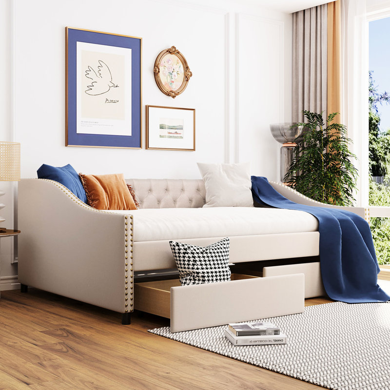Upholstered Daybed In Beige With Two Functional Storage Drawers & Wood Slat Support - Upgrade Your Home And Strong Structure Make Bedroom More Inviting