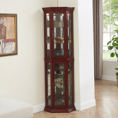 Corner Curio Cabinet With Lights, Adjustable Tempered Glass Shelves, A Mirrored Back