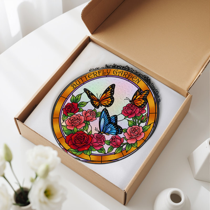 7.8"H Butterfly Garden Stained Glass Window Panel, 7.8" H x 7.8" W