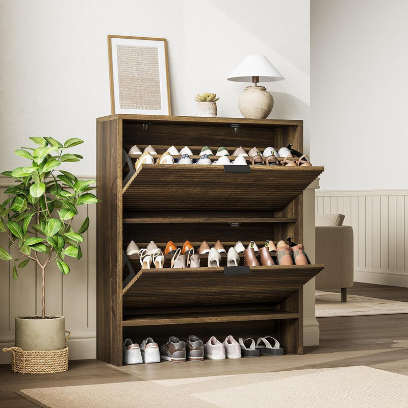 Armoire à chaussures pour le vestibule, armoire à chaussures cannelée avec 2 portes à tiroir rabattable, support caché de 32 po de largeur pour le couloir