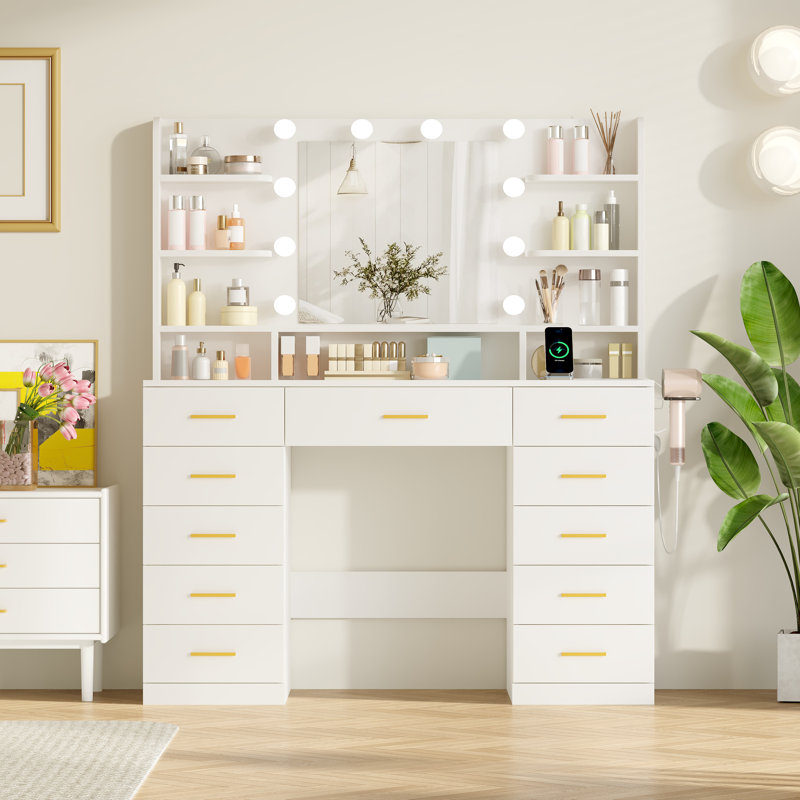 Dressing Table 110×40×140cm, With Sockets And Usb Sorts, Led Mirror, 11 Drawers, Hair Dryer Rack