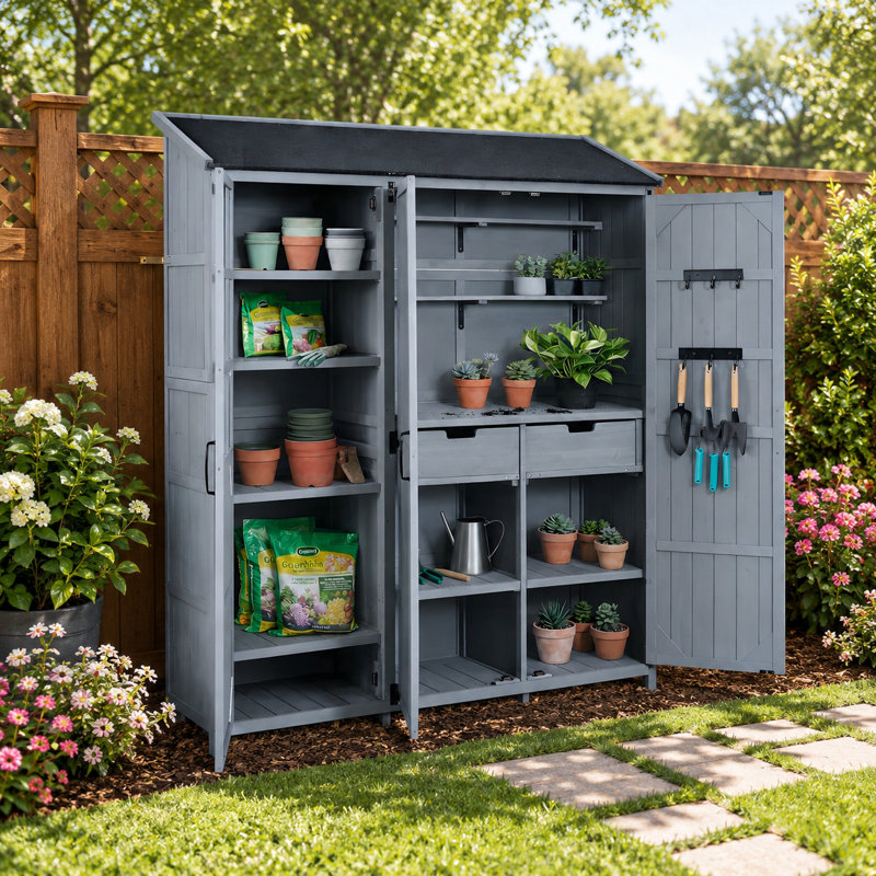 Armoire de rangement de jardin avec surface de travail de rempotage intégrée et intérieur à plusieurs tablettes, Grey