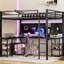 Lit mezzanine en métal noir avec bureau et tablettes