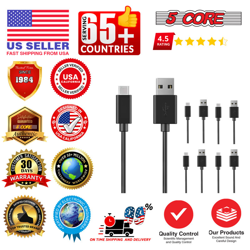 5Core USB to USB C Cable 5PCS 65W Fast Charging w Data Transfer Durable Black Type C Cords