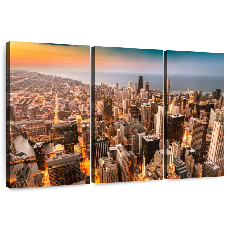 Coucher de soleil au centre-ville de Sireci, Chicago, H 36 po x l 57 po