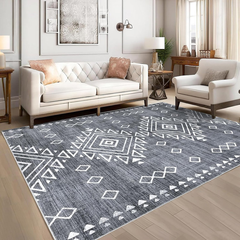 Geometric Vintage Hallway Runner Rug, Machine Washable Non-Slip Low Pile, Distressed Tribal Carpet for Entryway, Red