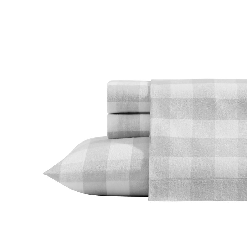 Ensemble de draps 100% coton 200 fils, Ensemble de draps pour très grand lit avec 2 taie, Tissu écossais maison du lac