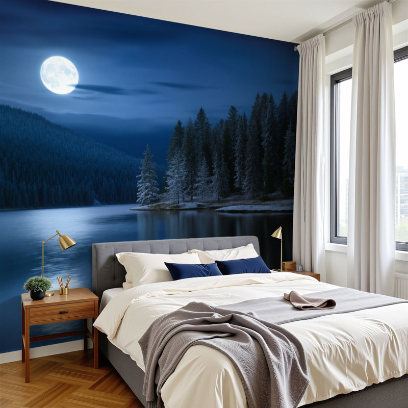 Papier peint auto-adhésif Pez and Stick Forest Lake Pine Trees Reflection Night Peaceful Landscape, L 144 po x l 100 po
