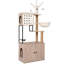 Arbre à chat avec bac à litière - maisonnette pour chat moderne avec poteaux à griffer, bol d'alimentation et bâtons de pompons amovibles, gris