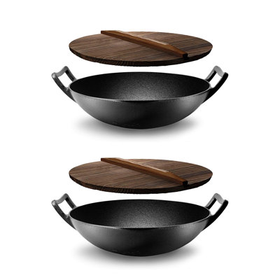 Poêle à frire en fonte avec couvercle en bois Nuthausf Pre Seasoned