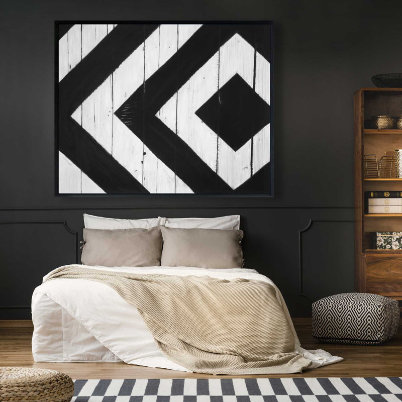 Rhombus on Wood - Black & White Patterns Framed Canvas Decor, 49.25" H x 61.25" W