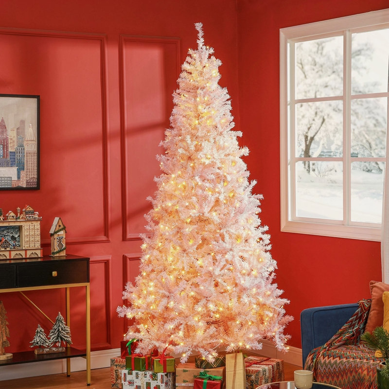 Sapin de Noël artificiel 7,5 pi avec branches réalistes, 500 lumières DEL blanc chaud et 1346 pointes, rose, Rose