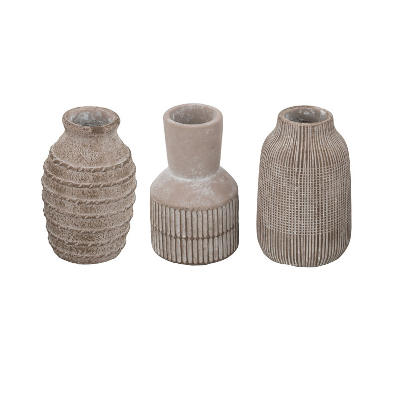 S/3 Small Brown Sand And Cement Vases With Sculptural Designs A:3.7X3.7X6" B:3.5X3.5X6" C:3.7X3.7X6"