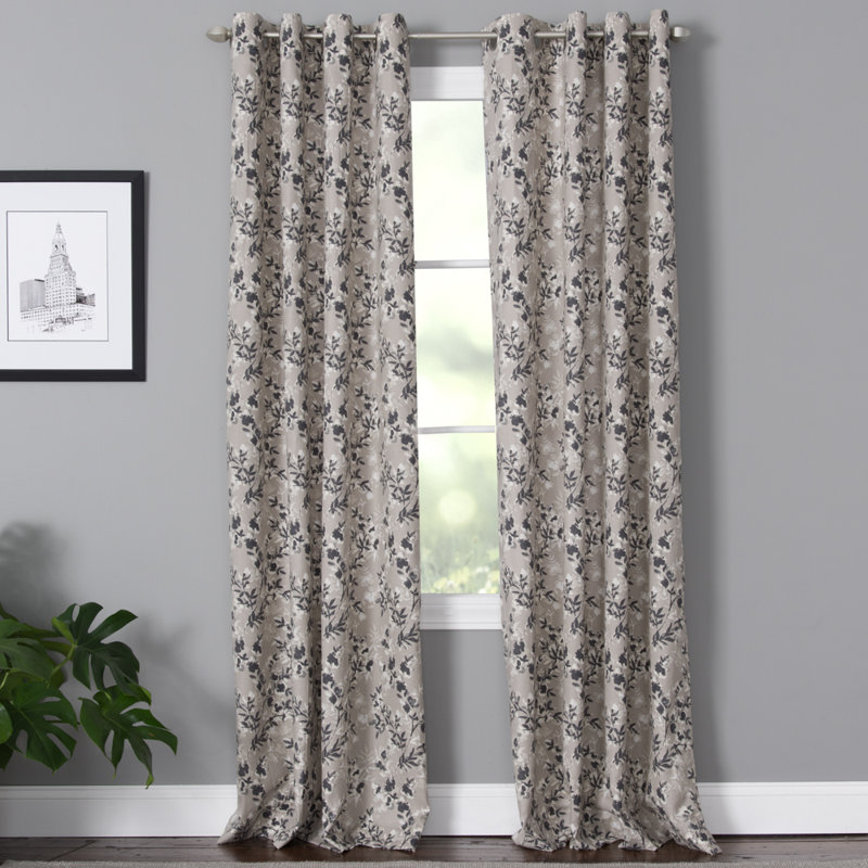 Quane Polyester / Cotton Light-Filtering Vine Print Curtain Panel with Grommet Top, Taupe/Black, 50" x 63"