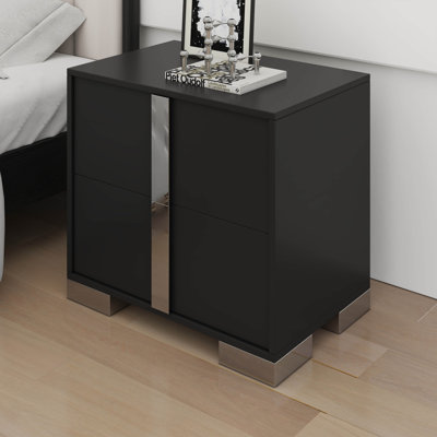 Elegant Nightstand, Modern 2 Drawer Bedside Table With Mirrored Metal Handle