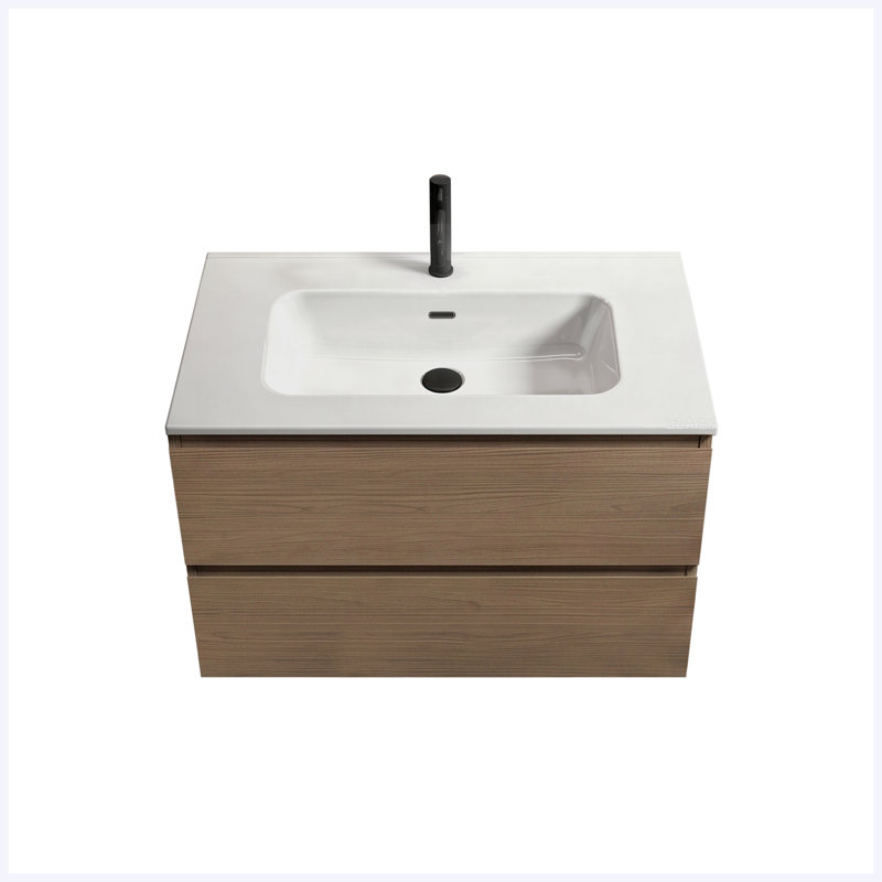 Meuble-lavabo flottant mural 30 po brun noyer avec lavabo en céramique (1 trou de robinet), grand rangement, pré-assemblé