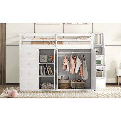 Lit mezzanine blanc élégant avec rangement généreux - armoires encastrées, armoires, tiroirs pour plus de confort