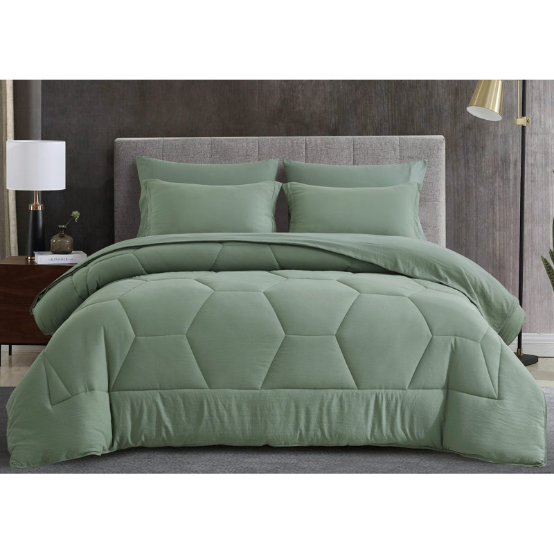 Sage Green Microfiber Full Bed-in-a-Bag Set with Hexagon Design