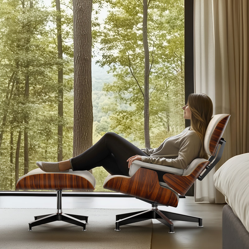 Swivel Accent Chair With Ottoman Lounge Chair, Dark Walnut/White