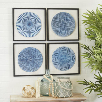 Wood Radial Plates Starburst Blue Wall Decor with Black Frame Set
