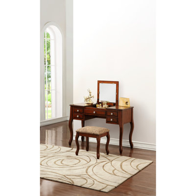 Bedroom Vanity With Cushioned Stool, Cherry Finish, Stylish Design, Plywood Material Cherry Essential, Open Mirror,