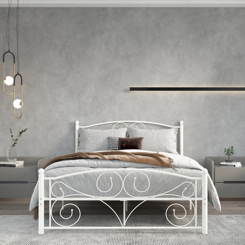 White Metal Full Size Bed Frame, Unique Flower System, Headboard Included, Fits 8 - Inch Mattress, 600 Lbs Limit Metal, Structure, Stable And Quiet, Limit, Mattress