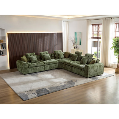 Canapé d'angle moderne et spacieux, en boucle verte, avec assise profonde, idéal pour la maison