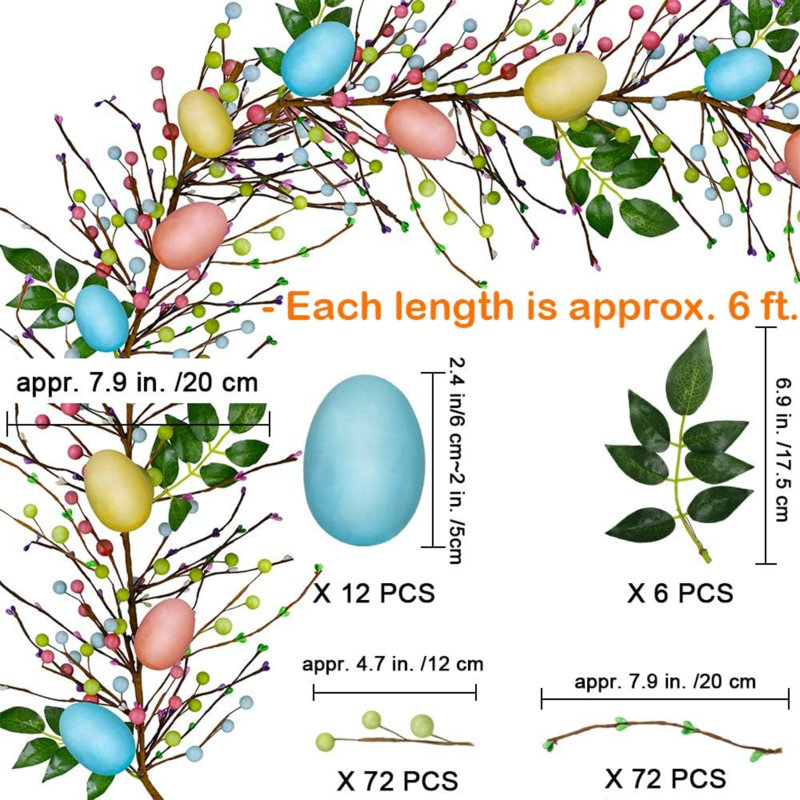 6 FT Long Artificial Easter Egg And Mixed Berry Garland Hanging Rustic Spring Garland Pastel Easter Garland Vine String For Easter Springtime Seasonal Decoration Wreath Making