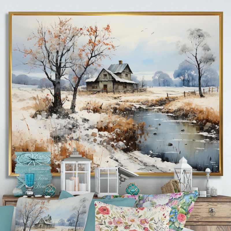 «Countryside Snowy Minimalisme Winter VII», reproduction sur toile, Cadre flottant doré, H 12 po x l 20 po x P 1 po