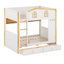 Lit superposé avec garde-corps en forme de maison et tablettes et tiroirs de rangement-532082867