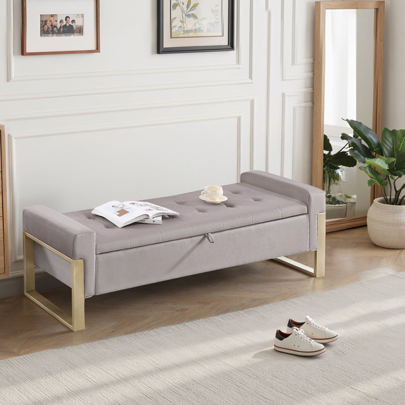 Upholstered Flip Top Storage Benches With Metal Feet, Light Gray