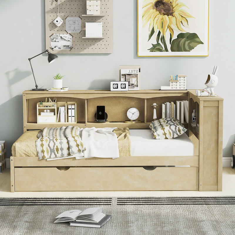 Lit de jour avec couchette, ports USB et armoires de rangement, Bois
