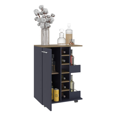 Modern Bar Cart With Two External Shelves, Four , Six Built - In Wine Rack And Single Door Cabinet, Natural Oak Navy Blue, Spacious Cabinet Enclosed 2