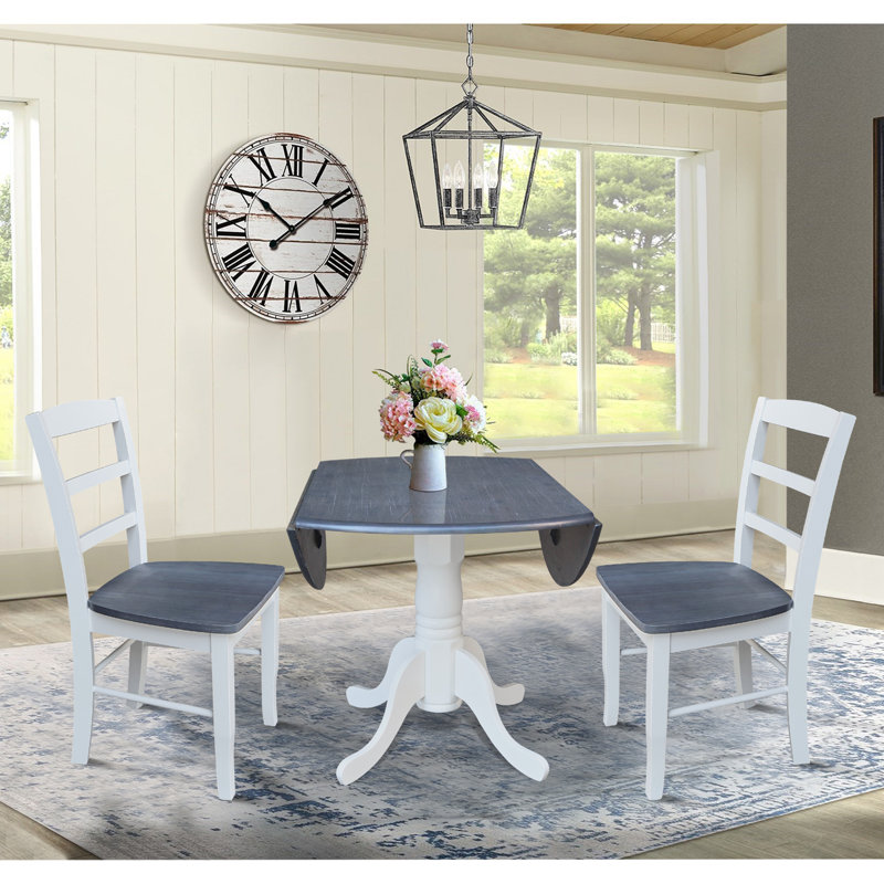 Gannie 3 - Piece Drop Leaf Solid Wood Dining Set, Heather Gray/White