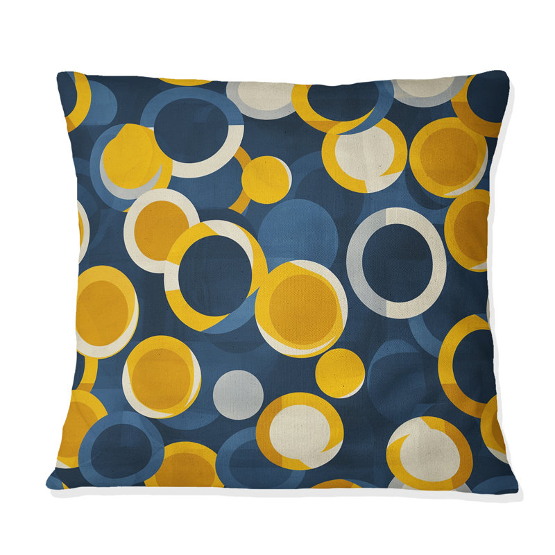 Coussin bleu et jaune rétro Midcentury Circles I - Midcentury, H 18 po x l 18 po