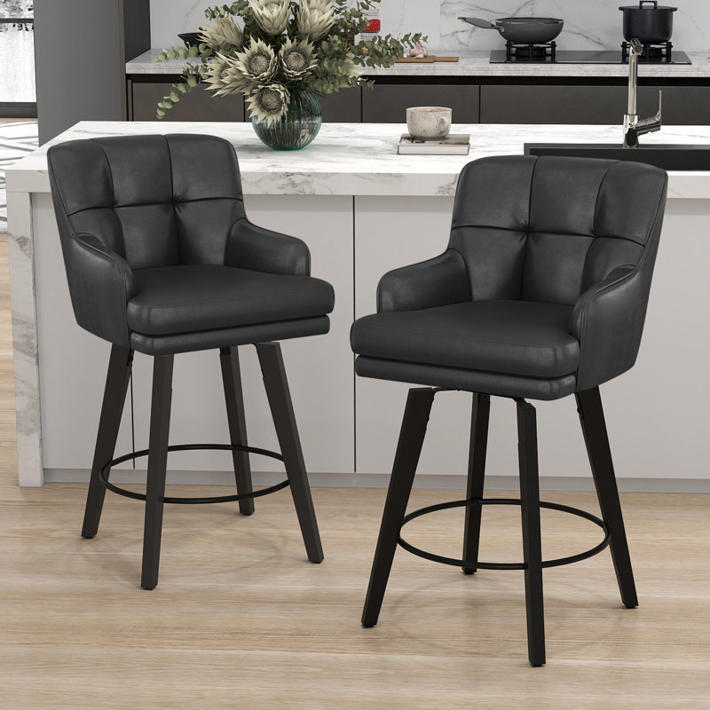 26''H Upholstered 360°Swivel Counter Height Bar Stools, Wood Legs Kitchen Island Chairs, Black, 2