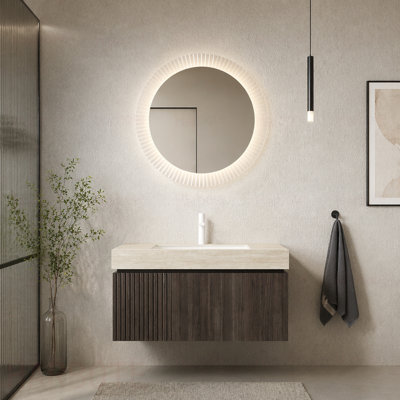 Meuble-lavabo et lavabo de salle de bain, armoire de rangement en contreplaqué flottant avec tiroir et porte, comptoir en pierre frittée Roma Travertine et lavabo en céramique avec 1 trou de robinet pré-percé, pré-assemblé
