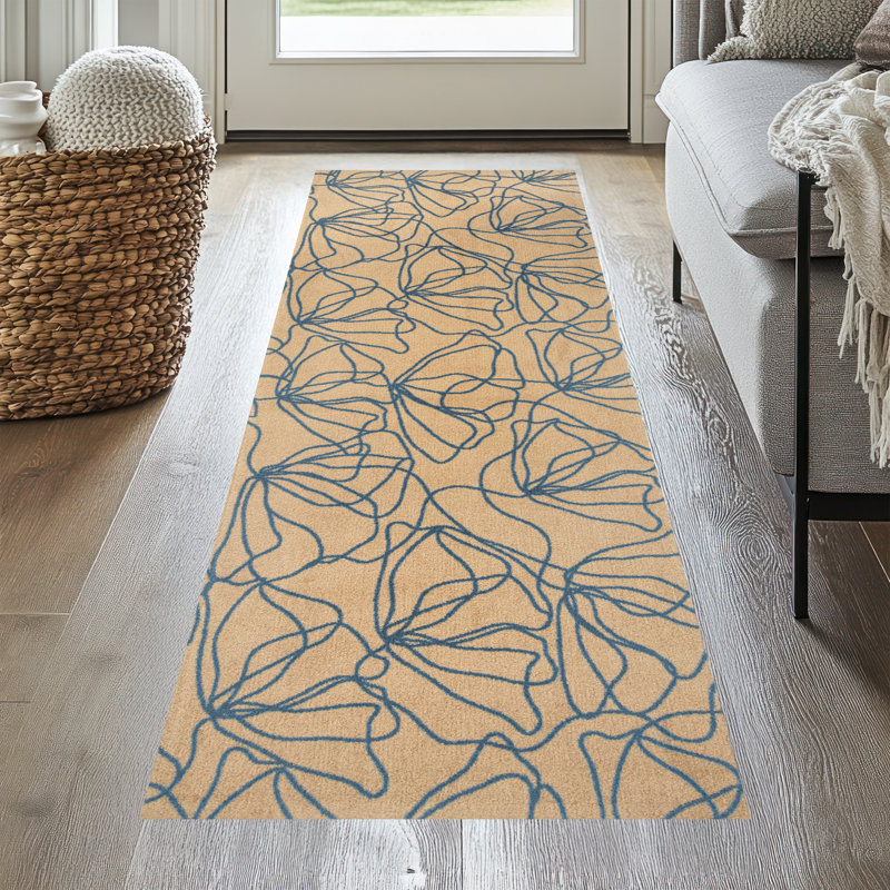 Poppies Denim Blue One-Piece Washable Runner, Tan;Blue, 28" W x 75" L
