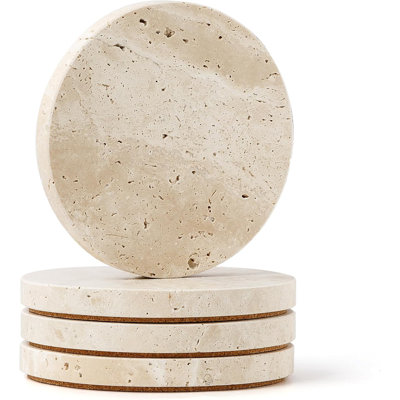 4 Inch Natural Turkish Travertine Marble Coasters with Cork Backing, Stone Drink Coasters for Home Decor & Gifting