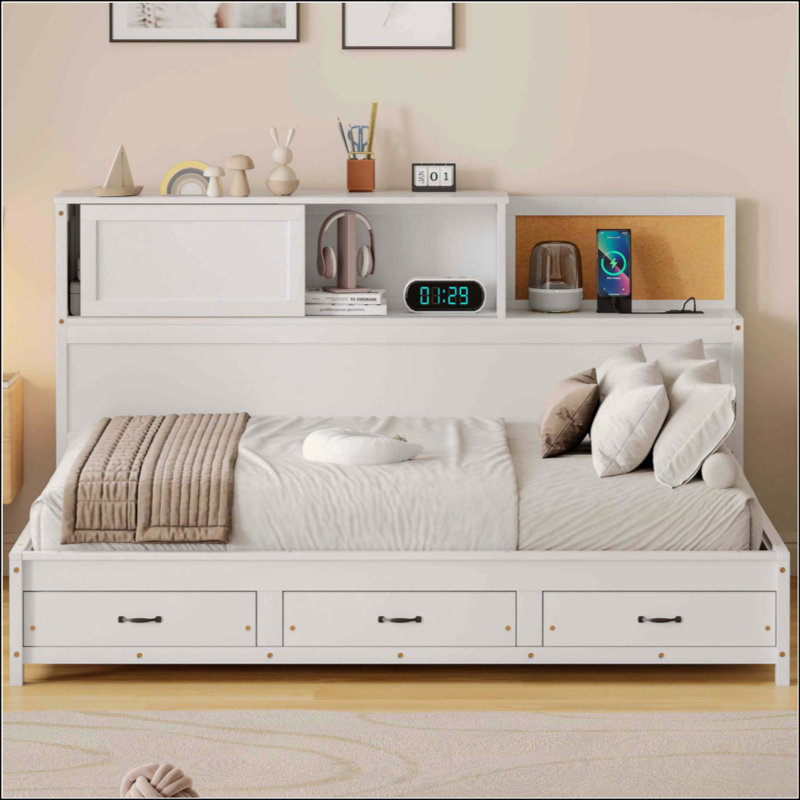 Lit de jour en bois avec 3 tiroirs de rangement, tableau souple supérieur, tablette et ensemble de prises et ports USB