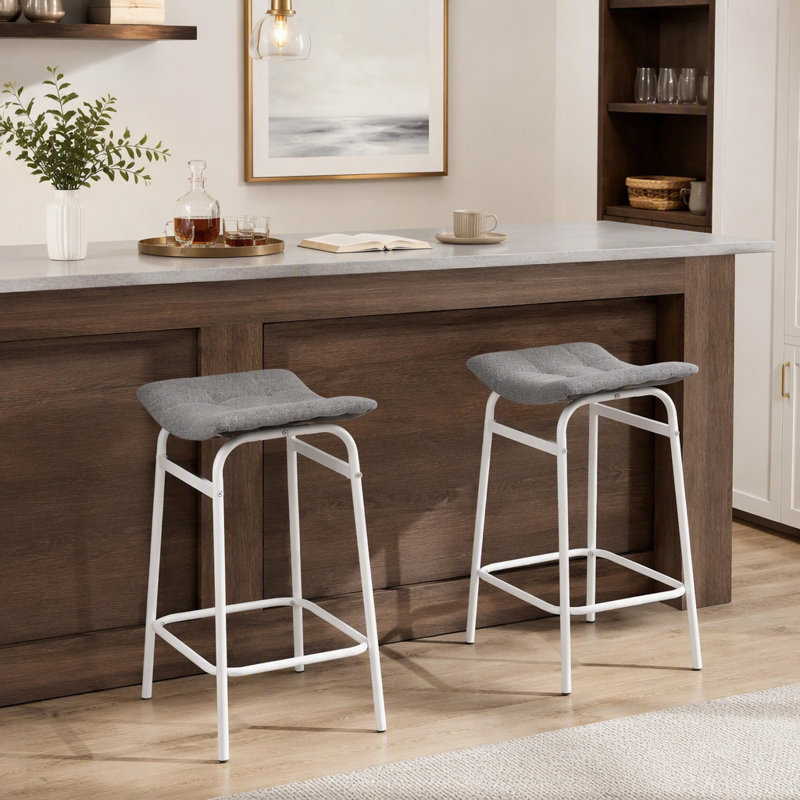 Ensemble de 2 tabourets contemporains en tissu gris avec pieds en métal blanc, confortables et élégants pour les cuisines modernes