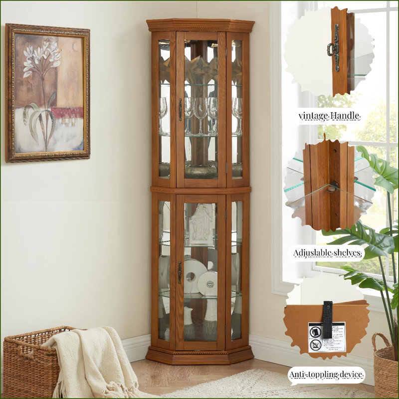 Cabinets: Lighted Corner Curio Cabinet with Glass Doors, Adjustable Shelves &amp; Included Bulb | Traditional | MDF+glass