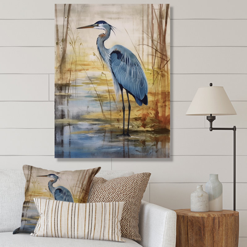 «Blue Heron» par Watersite Watercolor - oiseau, art mural, 32" H x 16" W, Toile tendue